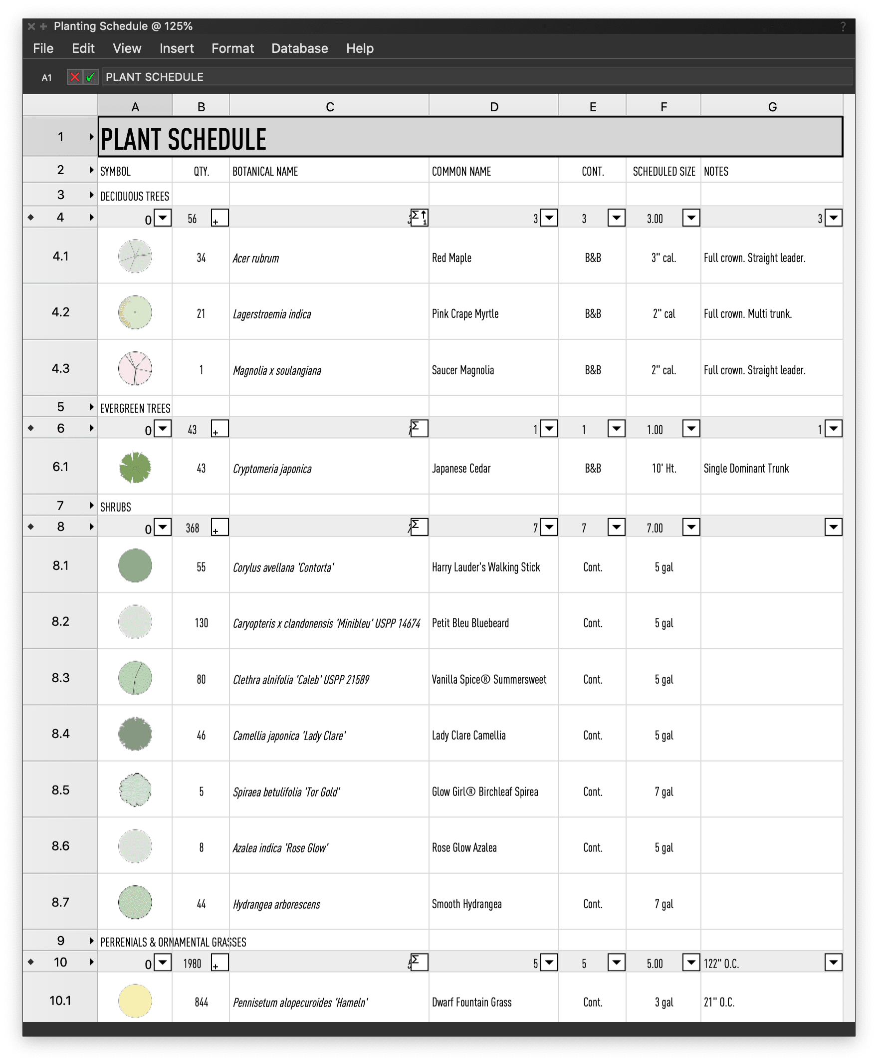 plant schedule for a landscape architecture project
